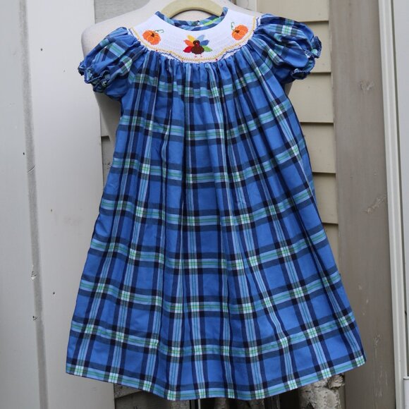 Classic Whimsy Thanksgiving Turkey Pumpkin Smocked Yoke Short Sleeve Plaid Dress - Picture 1 of 10